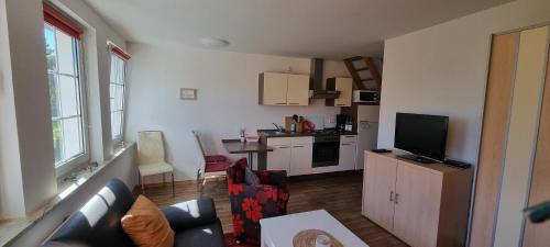 ein Wohnzimmer mit einem Sofa und einer Küche in der Unterkunft Apartmenthaus Haus am Grün 2 in Herzberg am Harz