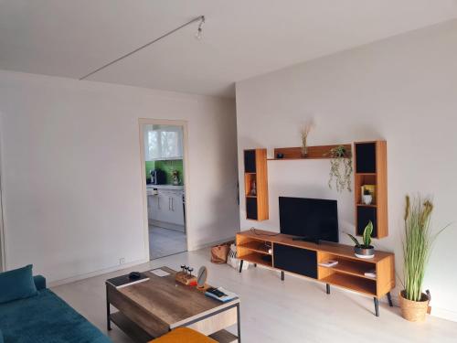 un salon avec un canapé et une télévision dans l'établissement Logement entier appartement pas loin du circuit des 24, au Mans