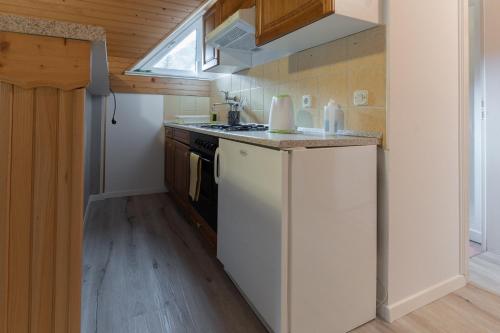 a kitchen with a stove and a white refrigerator at Metoja in Soča