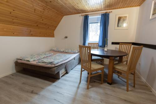 a bedroom with a bed and a table and chairs at Metoja in Soča