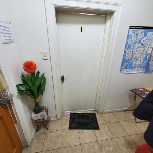 a room with a door and a vase with a plant at Timpson pl studio apartments in Port Morris