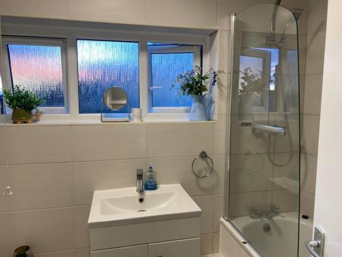 a bathroom with a sink and a shower with windows at Brighton NEW Apartment FREE PARKING sleeps 6 in Brighton & Hove