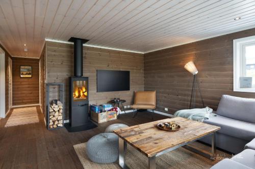 uma sala de estar com um sofá e uma lareira em Nesfjellet em Nes i Ådal