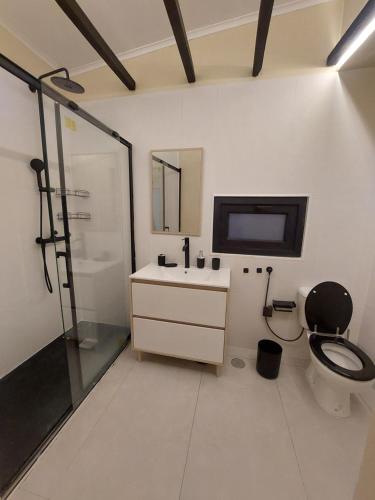 a bathroom with a toilet and a sink and a shower at Casa Paulinho in Portimão