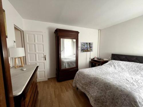 Schlafzimmer mit einem Bett, einer Kommode und einem Spiegel in der Unterkunft Logement spacieux avec terrasse in Aix-en-Provence