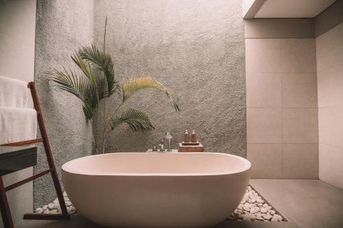 a bathroom with a bath tub and a plant at Arpita Beach Resort in Chandīpur