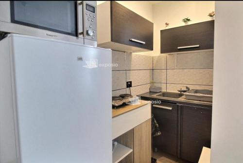 una cucina con frigorifero e forno a microonde di Appartement Ris orangis a Ris-Orangis