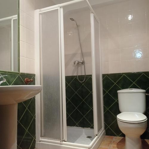 a bathroom with a shower with a toilet and a sink at Agroturismo Biltegi Etxea in Alda