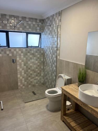 a bathroom with a toilet and a sink and a shower at White Sands Self-catering units in Wilderness