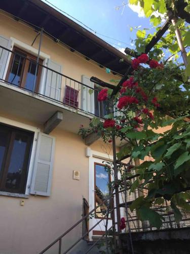a building with a balcony and a tree with roses at Come Relax and Enjoy the Breathtaking Views in Brissago