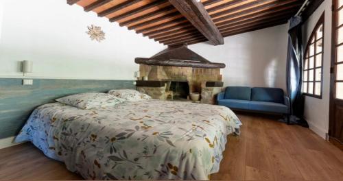 a bedroom with a bed and a fireplace at Moulin de la Sambuc in Saint-Zacharie