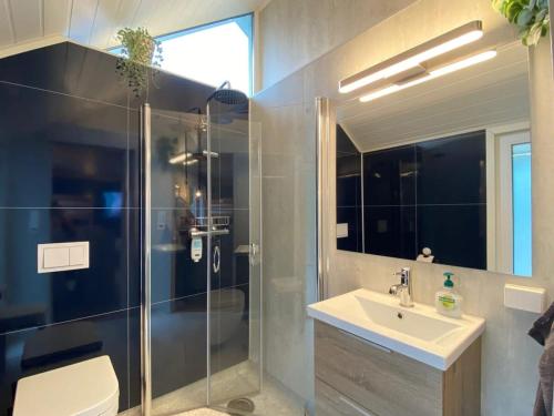 y baño con ducha, lavabo y aseo. en Kveldsro cabin in nice surroundings, en Kristiansand