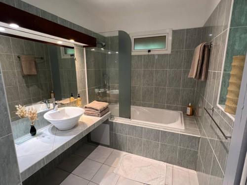 a bathroom with a sink and a bath tub at Bungalow Natura - Sarramea in Sarraméa