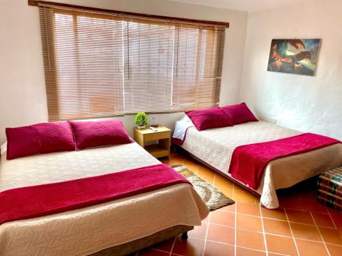 2 Betten in einem Zimmer mit Fenster in der Unterkunft El Oasis de la villa in Villa de Leyva