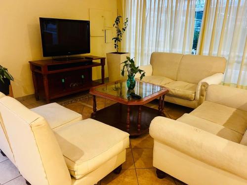 a living room with white furniture and a tv at HOTEL LOS TILOS RECONQUISTA in Reconquista