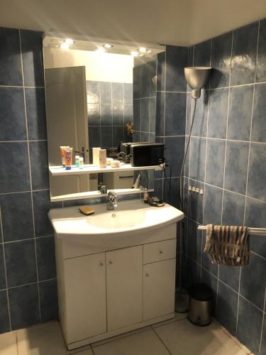 une salle de bain avec un lavabo et un miroir dans l'établissement LOCATION BANYULS SUR MER les Terrasses du centre appt 4 à 6 personnes, à Banyuls-sur-Mer