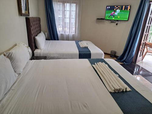 a hotel room with two beds and a tv at LOTUS LODGE in Gaborone