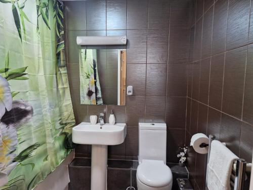 a bathroom with a sink and a toilet and a mirror at Luxury Modern Central London - London Bridge - Westminster - 2 Bed Stylish Apartment in London