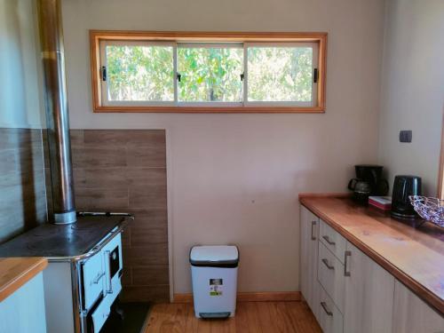 a kitchen with a window and a trash can at Refugio Trafwe in Curiñanco