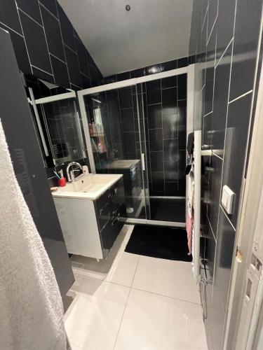 La salle de bains en noir et blanc est pourvue d'un lavabo et d'une douche. dans l'établissement ma maison, la votre, à Les Pavillons-sous-Bois