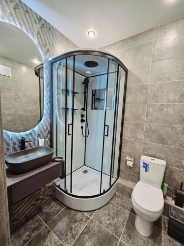 La salle de bains est pourvue d'une douche, de toilettes et d'un lavabo. dans l'établissement LUXE APARTMENTS, à Almaty