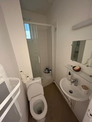 biała łazienka z toaletą i umywalką w obiekcie Nice apartement near to Paris w mieście Neuilly-sur-Seine