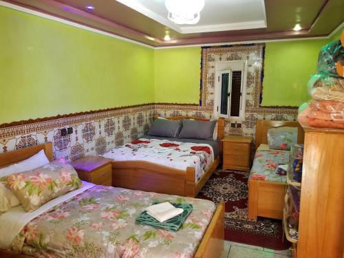 1 dormitorio con 2 camas y paredes verdes en Auberge Cascade Imilchil en Imilchil
