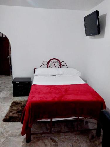 a bedroom with a bed with a red blanket on it at habitación cómoda en familia in Ibagué
