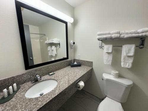 a bathroom with a sink and a mirror and a toilet at Ramada by Wyndham Waupaca in Waupaca
