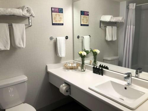 a bathroom with a sink and a toilet and a mirror at Coast Abbotsford Hotel & Suites in Abbotsford