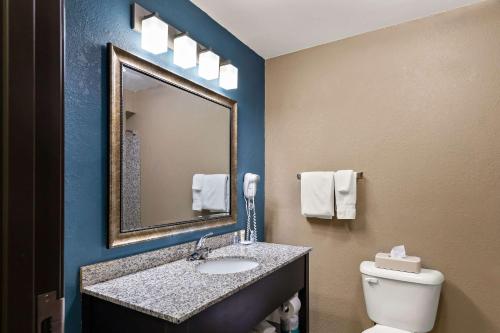 a bathroom with a sink and a mirror and a toilet at Comfort Inn & Suites Springfield I-55 in Springfield