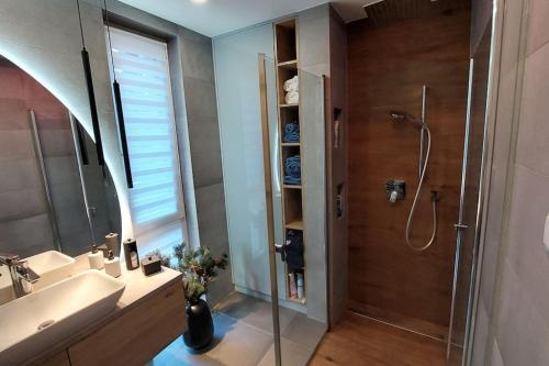a bathroom with a shower and a sink at Peace of mind cottage in Tata