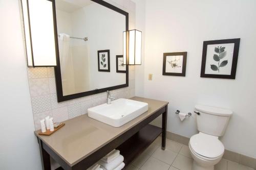 Country Inn & Suites by Radisson, Lehighton-Jim Thorpe, PA في Lehighton: حمام مع حوض ومرحاض ومرآة