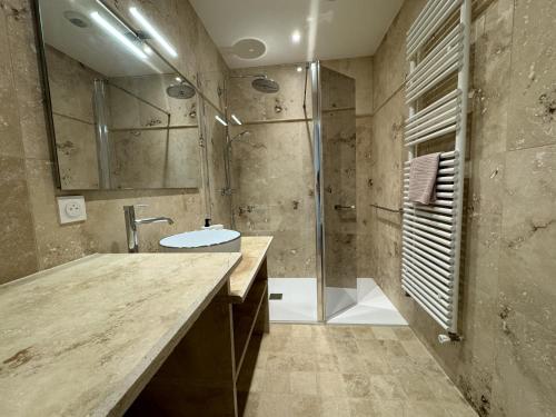 La grande salle de bains est pourvue d'un lavabo et d'une douche. dans l'établissement Le Corner - Ville - 8 pers - Rêve au Mans, au Mans