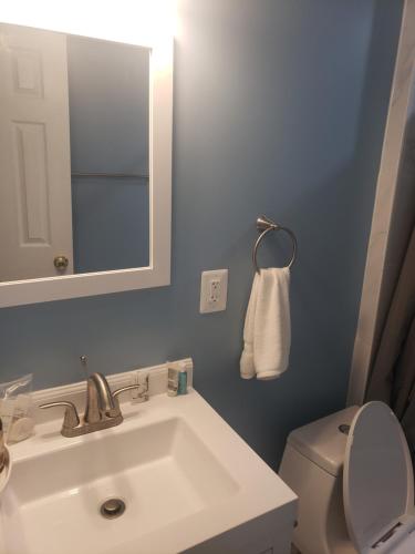 華盛頓的住宿－Sheridan Lodge，一间带水槽、卫生间和镜子的浴室