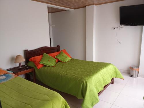 1 Schlafzimmer mit 2 Betten mit grüner Bettwäsche und einem TV in der Unterkunft Casa Bercel in Choachí