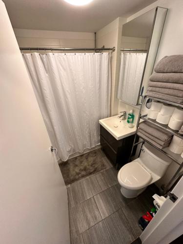 a bathroom with a toilet and a sink and a mirror at NY studio in New York