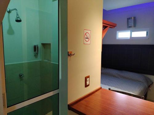 a bathroom with a shower and a bedroom with a bed at bonito mini depto. equipado Futurista in Atlacomulco de Fabela