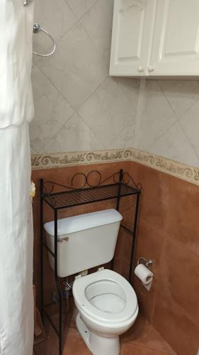 a bathroom with a white toilet and a cabinet at Casa Sol de los Andes in Mendoza
