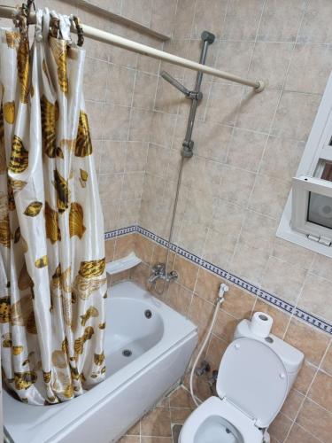 a bathroom with a shower curtain and a toilet at TBK1 apartment in Alrehab city for families only in Burg el-Ḥudûd