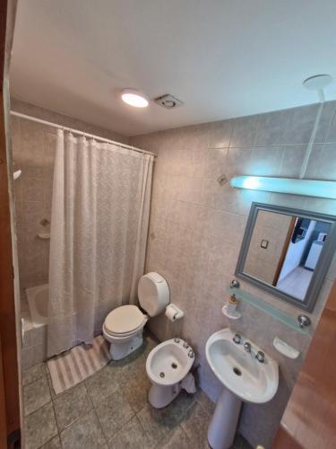 a bathroom with a toilet and a sink and a mirror at Les Eclaireurs Room in Ushuaia