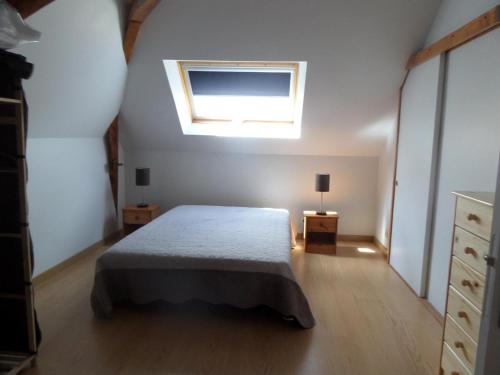 ein Schlafzimmer mit einem Bett und einem Dachfenster in der Unterkunft Gîte Sambin, 4 pièces, 6 personnes - FR-1-491-342 in Sambin