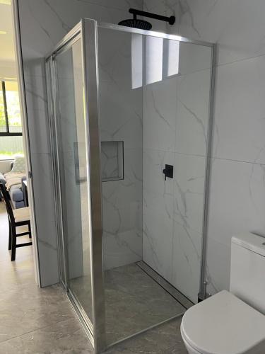 a glass shower stall in a bathroom with a toilet at Little house with private garden in Padstow