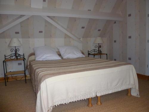 1 cama grande en una habitación con 2 lámparas en Gîte Cour-Cheverny, 2 pièces, 2 personnes - FR-1-491-387, en Cour-Cheverny