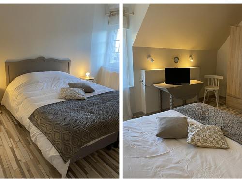 2 fotos de un dormitorio con cama y escritorio en Gîte Avaray, 4 pièces, 6 personnes - FR-1-491-401, en Avaray