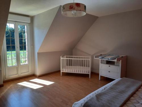 ein Schlafzimmer mit einem Bett, einem Kinderbett und einem Fenster in der Unterkunft Gîte Danzé, 3 pièces, 6 personnes - FR-1-491-396 in Azé