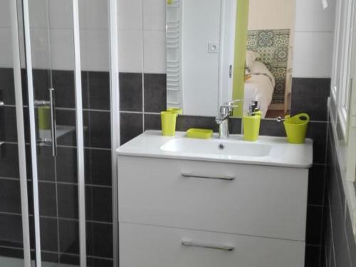 a bathroom with a white sink and a mirror at Gîte confortable près de Chambord avec jardin et parking - FR-1-491-410 in Muides-sur-Loire