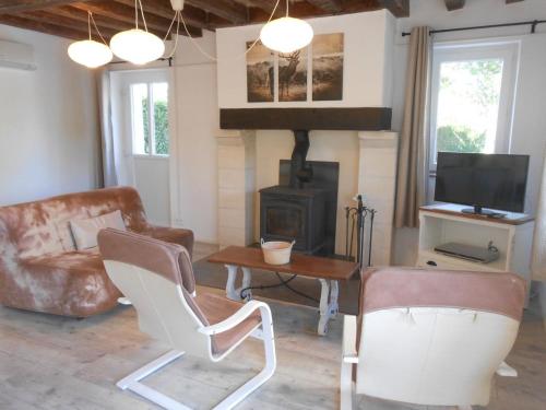 - un salon avec un canapé, un fauteuil et une cuisinière dans l'établissement Gîte de charme proche du ZooParc de Beauval - 2 terrasses, jardin, cheminée, clim, parking gratuit - FR-1-491-408, à Meusnes