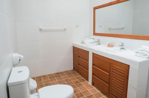 uma casa de banho com um WC, um lavatório e um espelho. em Wilkamayu Hotel em Sicuani
