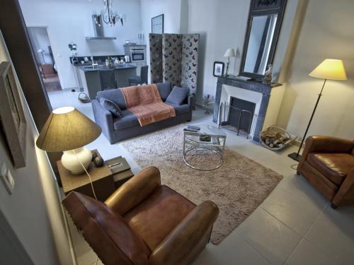 un salon avec un canapé et une cheminée dans l'établissement Gîte de Charme au Cœur de Blois avec Jardin Privé, Garage et Équipements Modernes - FR-1-491-425, à Blois